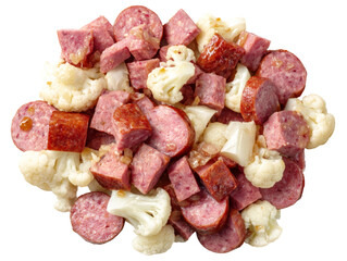 A colorful image featuring cut sausage and cauliflower ready for cooking Isolated Transparent Background, PNG
