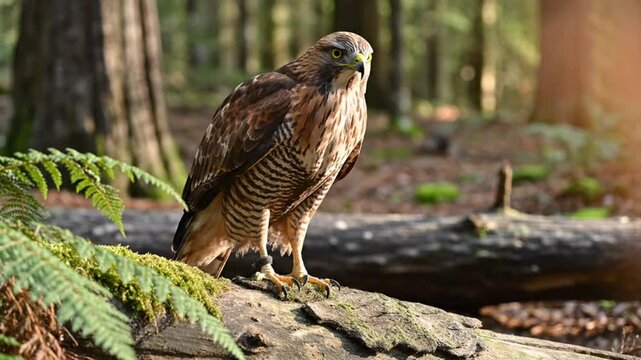 Sharp-shinned hawk perched on a mossy log in the forest, observing its surroundings during golden hour.