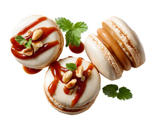 Delicious macarons with caramel and nuts. Three beautifully arranged French macarons, drizzled with caramel sauce and garnished with nuts and mint Isolated Transparent Background, PNG