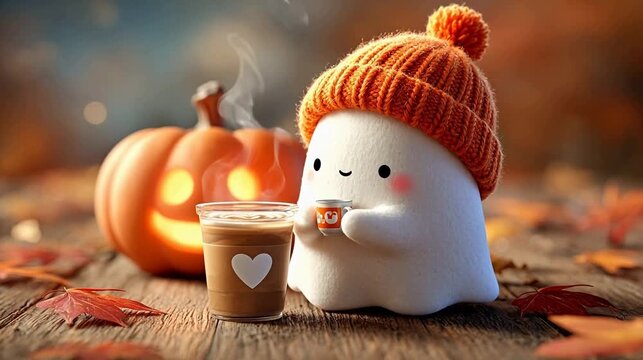 Cute ghost with pumpkin and drink