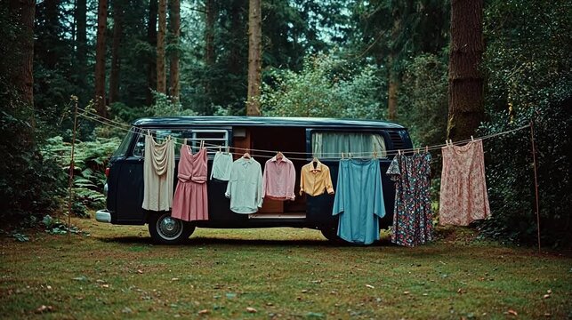 Van with clothes hanging in forest