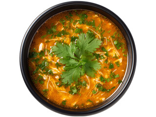 A delicious bowl of soup with herbs and ingredients. Close-up shot with a black bowl Isolated Transparent Background, PNG