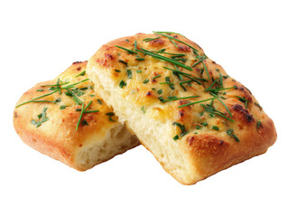 Freshly baked focaccia bread topped with herbs, perfect for a delightful culinary experience. The golden-brown crust and fresh herbs create an inviting look Isolated Transparent Background, PNG