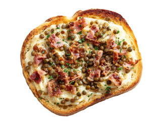 A close-up shot of a gourmet toast with delicious toppings, perfect for a culinary experience. The toast is garnished with flavorful ingredients. Isolated Transparent Background, PNG