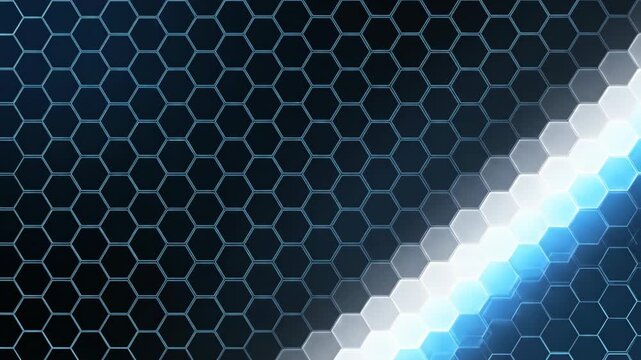 Abstract futuristic hexagonal pattern with glowing blue diagonal light.