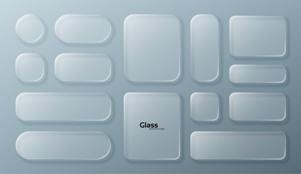 Set of liquid glass white elements in various shapes. Transparent UI components with blur effect. Modern user interface design.