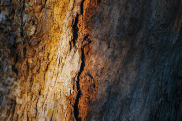 Golden sunlight hitting rough tree bark texture with deep shadows outdoors