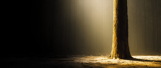 Dramatic sunlight beams in a foggy woodland with old tree trunk base