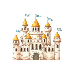 Fototapeta premium Magnificent stone castle with golden turrets and blue flags under blue sky