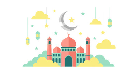 Fototapeta premium Festive Islamic Illustration Set with Mosque, Crescent Moon, and Traditional Lanterns