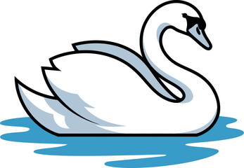 Obraz premium A cartoon swan swims peacefully in calm blue water on a white background