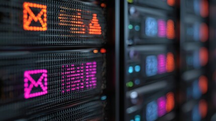 Naklejka premium Close-up of server racks with illuminated email and data icons, representing communication and network infrastructure in a data center.