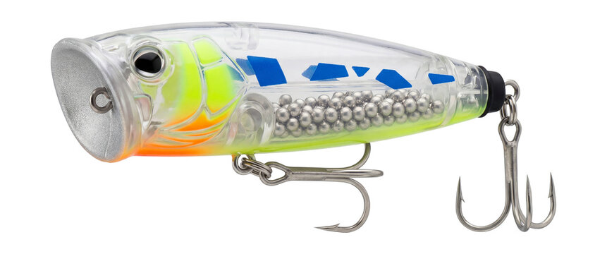 Translucent popper with UV-reactive paint and loud rattle.
