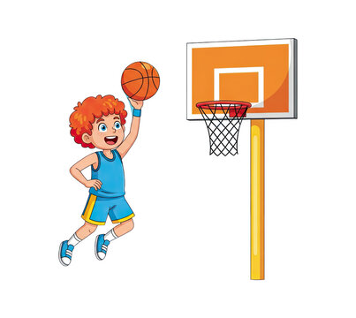 Young boy playing basketball jumping to dunk ball into hoop