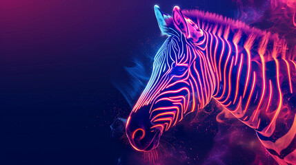 Fototapeta premium A zebra's head is illuminated with neon lines in contrasting colors, creating a vibrant and surreal effect. The background features a dark, smoky ambiance that enhances the visual impact