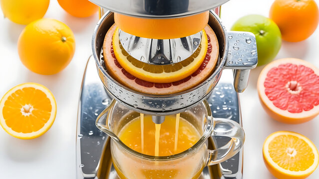 Freshly squeezed orange juice being extracted isolated on white background