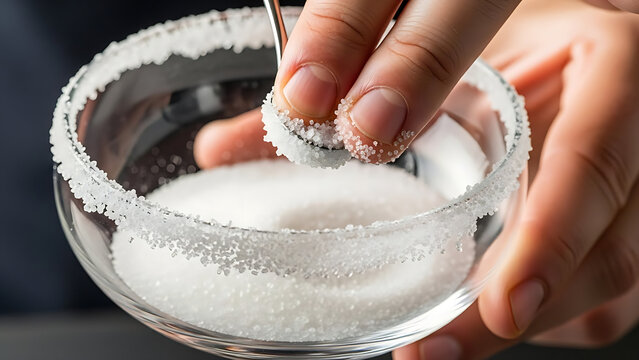 Hand rimming a glass with sugar for a cocktail