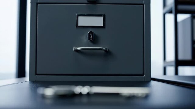 Close-up of a black metal filing cabinet drawer in an office setting.
