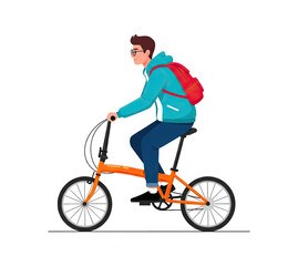 Fototapeta premium Young man with backpack riding a small orange foldable bicycle, commuting or travelling