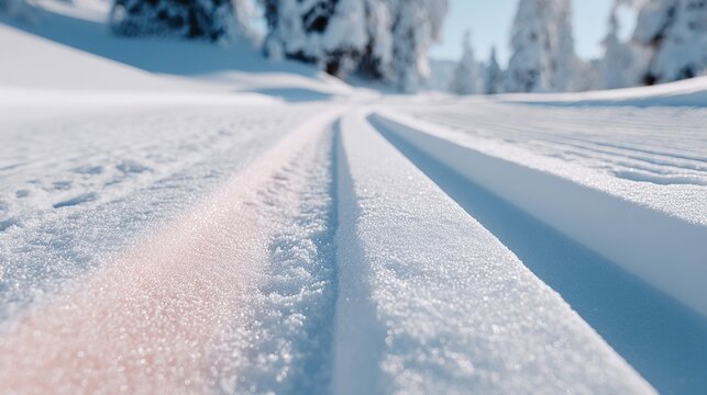 Snow-covered trail with parallel ski tracks and a third set of tracks leading through a winter landscape surrounded by snow-laden trees and clear blue sky