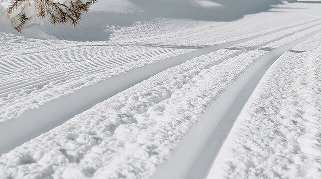 Snow-covered trail with parallel ski tracks and a third set of tracks leading through a winter landscape, showcasing fresh powder and natural surroundings