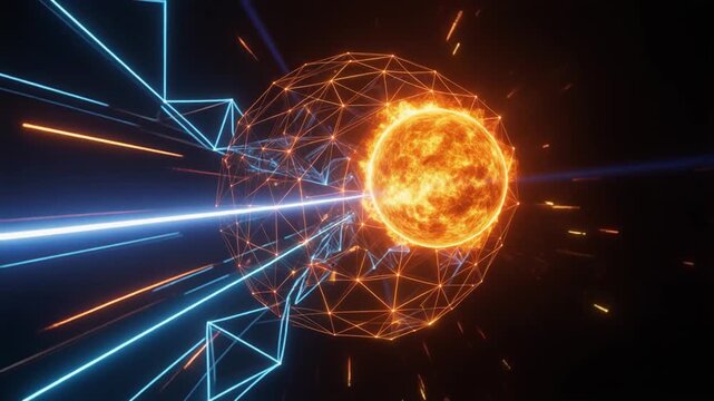 Fiery star and blue energy laser colliding with wireframe digital sphere