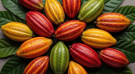 Fototapeta premium A vibrant arrangement of ripe cacao pods showcasing their natural diversity in color and form