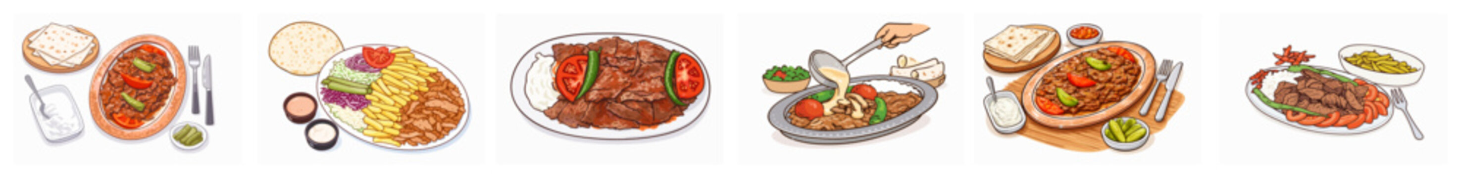 Authentic turkish iskender kebab served with yogurt and hot butter sauce in a traditional food collection.