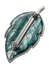 Leaf-shaped brooch crafted from polished abalone shell
