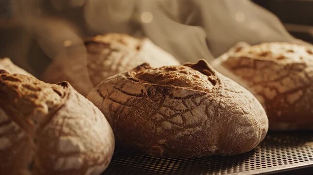 Artisan Sourdough Loaves with Earthy Brown Crusts and Soft Interiors Fresh from the Bakery Oven