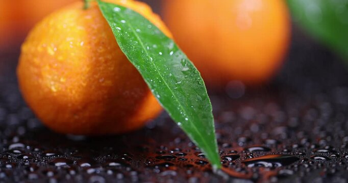 tangerines with green leaves are reflected on a black mirror , a group of ripe sweet tangerines with green leaves covered with drops of clear water with reflection on a black glass