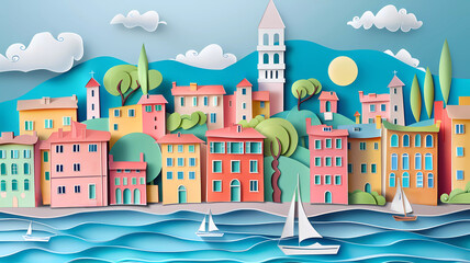 Fototapeta premium Paper art illustration of a colorful Italian coastal town with sailboats on a vibrant blue sea