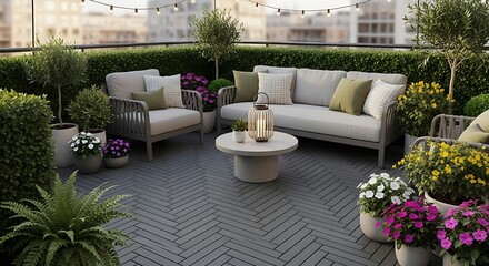 Fototapeta premium Rooftop terrace with modern furniture, lush plants, and cityscape view