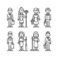 Naklejka premium Line art illustrations of various cleaning service workers.