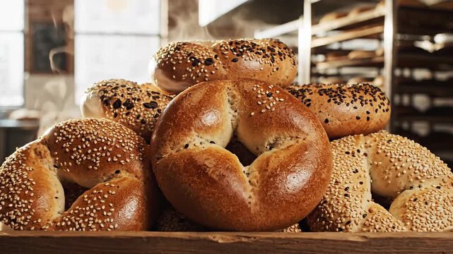 Freshly baked bagels piled high with sesame seeds, rising steam indicating warmth from the bakery