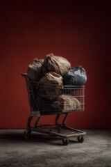 A rusty shopping cart filled to the top with overflowing paper and plastic garbage bags, symbolizing environmental impact and excessive consumerism