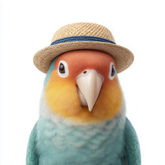 Macro portrait of a colorful Fischer's Lovebird wearing a small straw hat with a blue ribbon, isolated on a white background