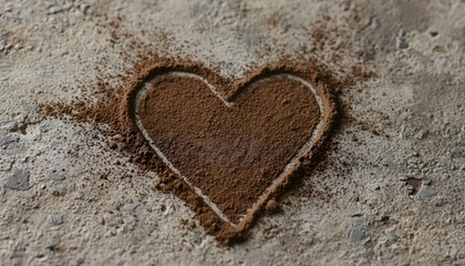 Heart shape made with cocoa powder sand on a rough surface showing creativity and love during an art activity