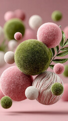 3D render of floating textured spheres in sage green and dusty pink with realistic fiber and yarn details