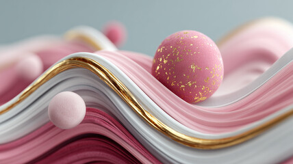 Luxury 3D abstract background featuring flowing pink and white waves with elegant gold metallic veins and textured spheres.