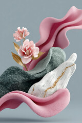 A surreal 3D composition of pink velvet spheres on gold stems, floating fabric waves, and speckled stones in a harmonious pastel palette