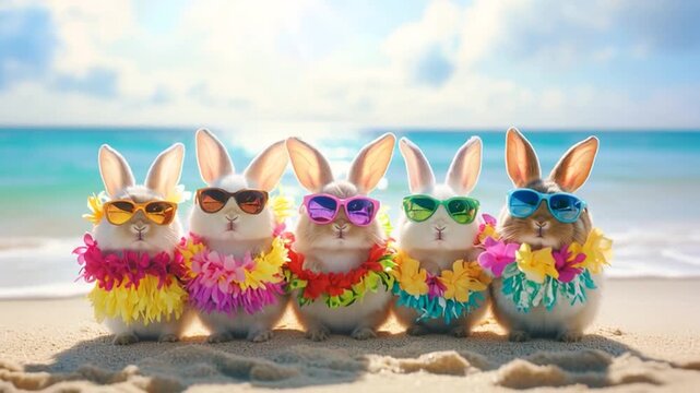 Dancing rabbits wearing sunglasses and flower leis on a tropical beach, enjoying a travel getaway with exotic ocean waves, a paradise holiday atmosphere.