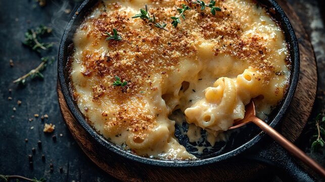 Premium aged cheddar mac and cheese in cast iron skillet with golden breadcrumb crust and fresh thyme garnish at upscale restaurant