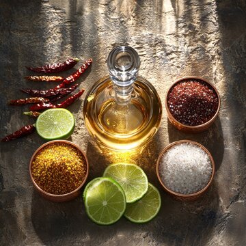 Premium tequila worm salt collection in copper bowls with golden tequila decanter lime slices and dried chilies on stone surface for authentic Mexican dining