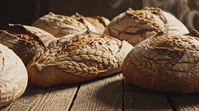 Rustic sourdough bread loaves displayed on a wooden surface, showcasing artisanal baking and fresh texture.