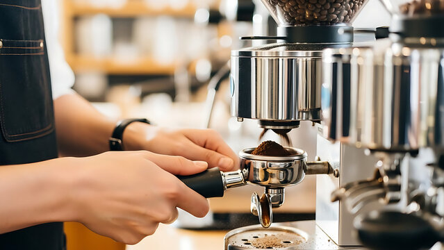 Barista preparing coffee with professional espresso machine