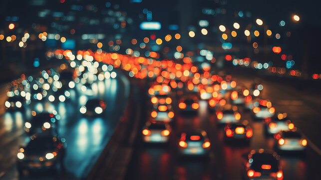 
Multicolored bokeh of cars at rush hour in Milan city, urban traffic, night lights, motion blur, vibrant cityscape illustration.