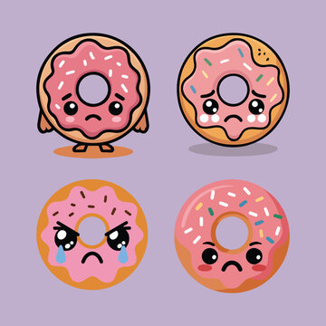 Sad Kawaii Donut Faces &ndash; Cute Crying Pink Doughnut Emoji Set