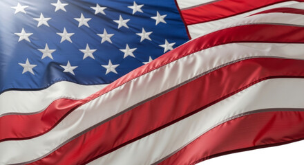 Obraz premium An American flag billows gracefully in the wind, showcasing its iconic red, white, and blue colors along with the stars and stripes.