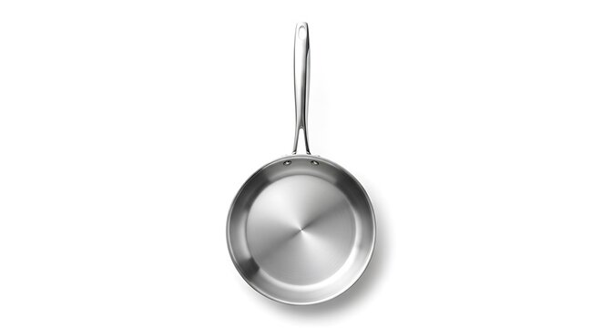 Shiny, new stainless steel frying pan, isolated on white with handle, ready for use